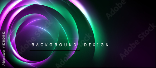 Abstract neon circles, vibrant purple, green hues. Dark background creates dramatic visual effect. Modern design element.