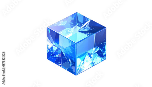 Gleaming, crystalline cube reflecting light, isolated on black