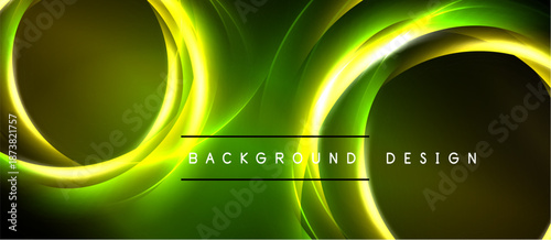 Abstract neon lines create dynamic circular shapes over dark green background. Text reads background design. Modern, vibrant visual.