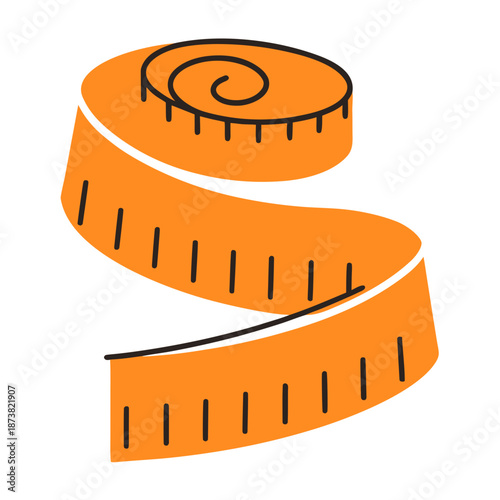 Orange measuring tape rolled up on white background with markings  