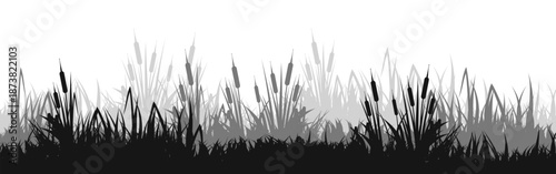 Meadow silhouette with grass, plants on plain. Panoramic summer lawn landscape with herbs, various weeds. Herbal border, frame element. Black horizontal banners. Vector illustration