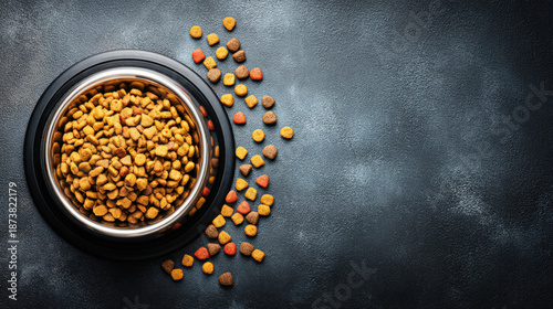 A full dog food bowl on the...