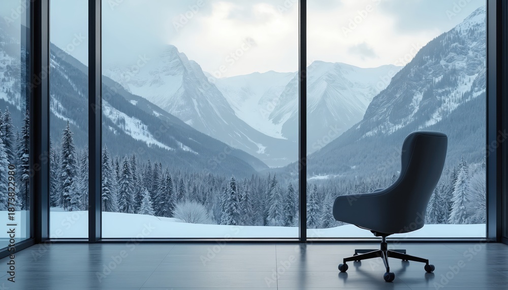 Fototapeta premium Modern office chair faces large window with snowy mountain forest view. Interior offers comfort and remote work setting. Peaceful winter landscape outside.