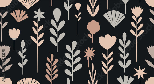 Seamless botanical pattern with stylized minimalist flowers and leaves in neutral earthy tones on a dark background.