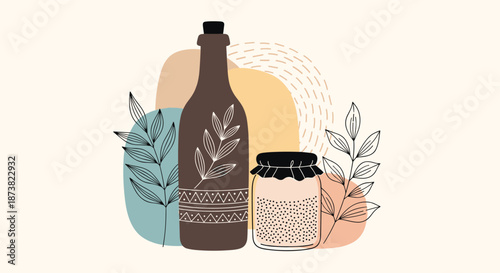 Modern abstract still life illustration with a bottle, jar, and botanical line art against organic shapes in a boho style.
