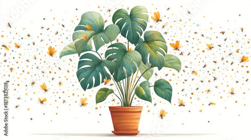 Elegant botanical watercolor illustration of a beautiful Monstera plant in a terracotta pot, surrounded by a swarm of tiny detailed gnats. The gnats are drawn as delicate scientific specimen