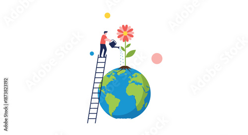 Earth Day concept illustration of a person on a ladder watering a flower growing from planet Earth, symbolizing conservation.