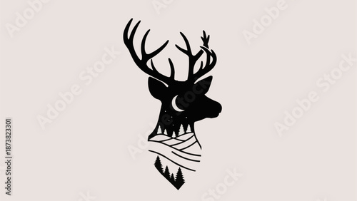 Stylized Silhouette of a Deer Head with Antlers and Moon Symbol.