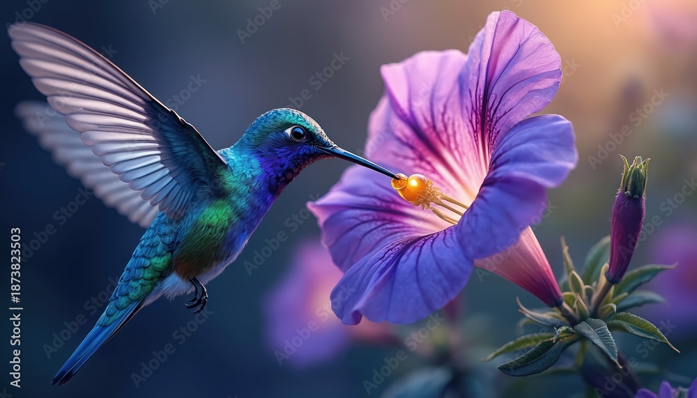 Fototapeta premium Small hummingbird with iridescent blue green feathers drinks nectar from a large purple flower. Tiny bird hovers mid air near plant bloom. Close up nature scene with blurred background bokeh.