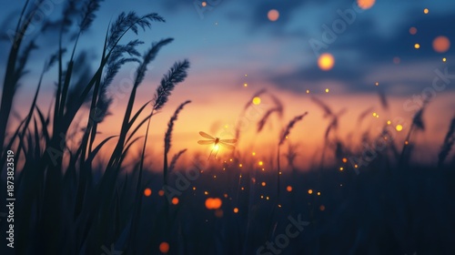 Silhouettes of tall grasses at sunset with fireflies
