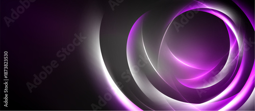 Abstract purple swirls dominate image. Dark background creates dramatic contrast, highlighting luminous curves. Modern design.