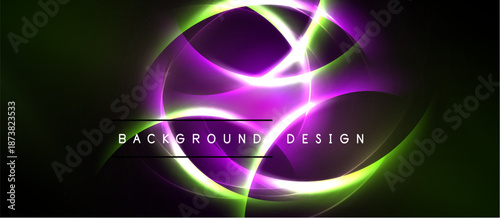 Abstract neon swirls, vibrant purple, green hues dominate dark background. Text reads background design. Modern, dynamic visual.
