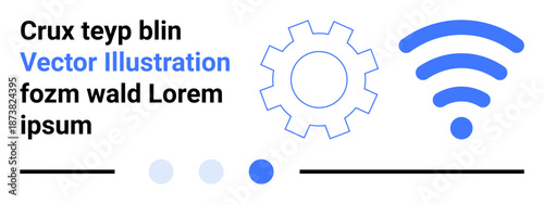 Gear and wireless icons with text placeholders, dots, lines in blue, black, white. Ideal for technology, connectivity, progress, automation innovation communication simple landing page