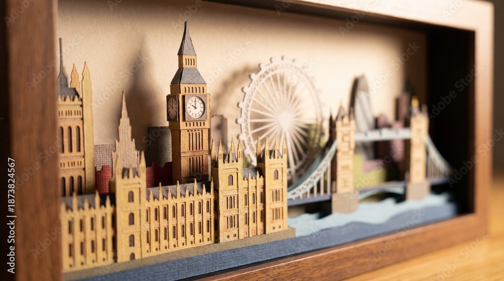 Obraz premium London Skyline Miniature: A meticulously crafted miniature representation of the iconic London skyline, showcasing famous landmarks within a detailed wooden frame.