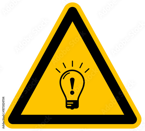 Señal de advertencia con bombilla e idea ilustración de vector fondo amarillo símbolo de innovación creatividad pensamiento brillante solución inteligente y concepto de inspiración arte