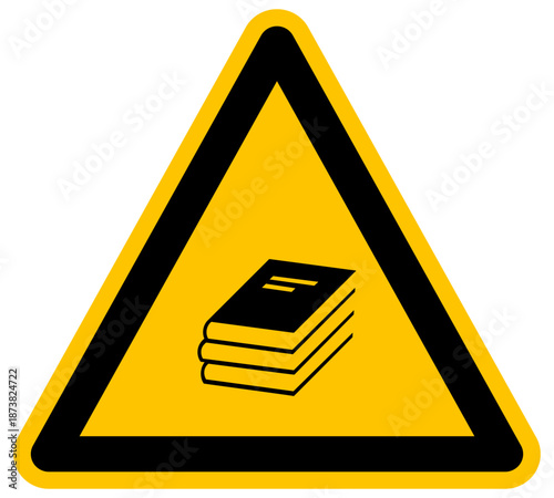 Señal de advertencia con libros ilustración de vector fondo amarillo símbolo de biblioteca conocimiento estudio lectura educación escolar literatura y aprendizaje académico total ver