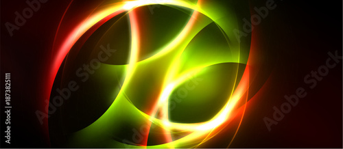 Abstract vibrant swirls, glowing lines. Red, green, yellow hues blend into dark background. Dynamic energy radiates from center.