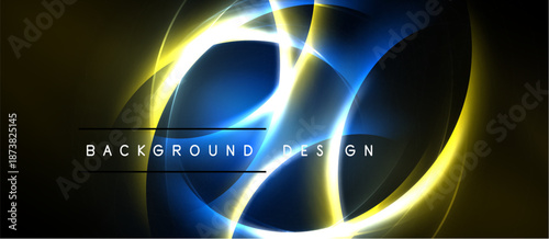 Abstract design features vibrant blue, yellow glows. Circular shapes overlap, creating dynamic visual effect. Dark background emphasizes luminosity.