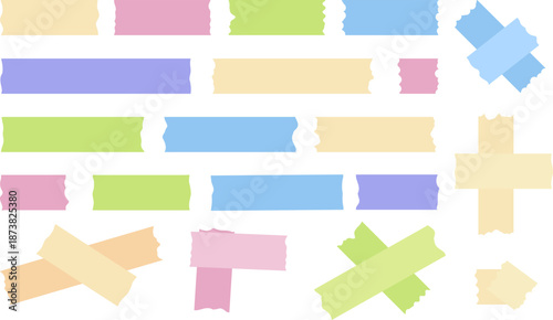 Vector collection of colorful adhesive tape strips in various shapes and lengths, perfect for scrapbooks, digital planners, notes, creative layouts, and decorative design projects.