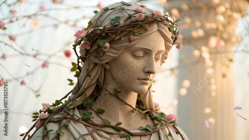 Serene Statue of Woman Adorned with Flowers and Vines Celebration of Womens History Month Through Art and Sculpture