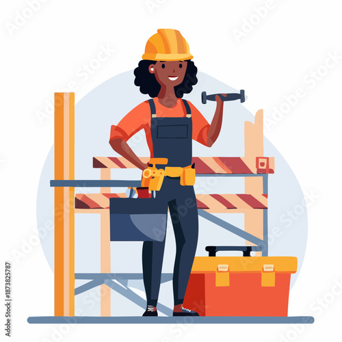 Confident female construction worker standing in front of scaffolding with hammer and toolbox