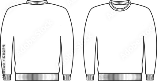 Black outline technical drawing of a blank sweatshirt with front and back views. Simple minimal illustration ideal for fashion flats, clothing design, branding, print-on-demand, and apparel