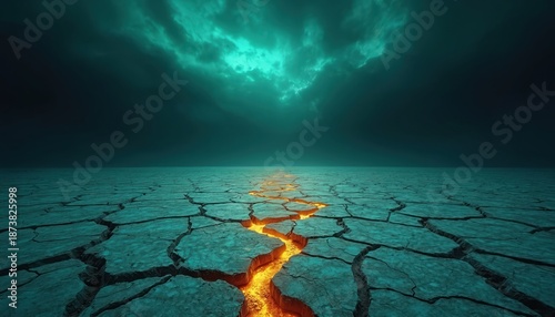 Cracked earth surface glows with molten lava under ominous teal sky. Global warming and climate change theme. Arid landscape evokes doomsday or fantasy setting.