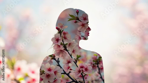 Silhouette of Woman with Cherry Blossoms Celebrating Floral Beauty and Nature in Double Exposure Art for Womens History Month