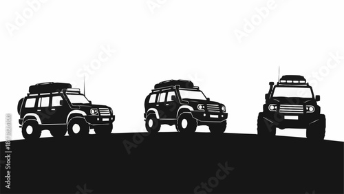 Three Black Off Road Vehicles Lined Up Silhouetted Against White Background.