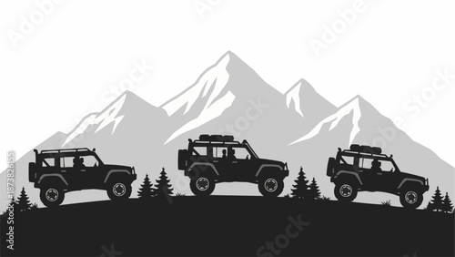 Three Off Road Vehicles Driving Through Mountains.