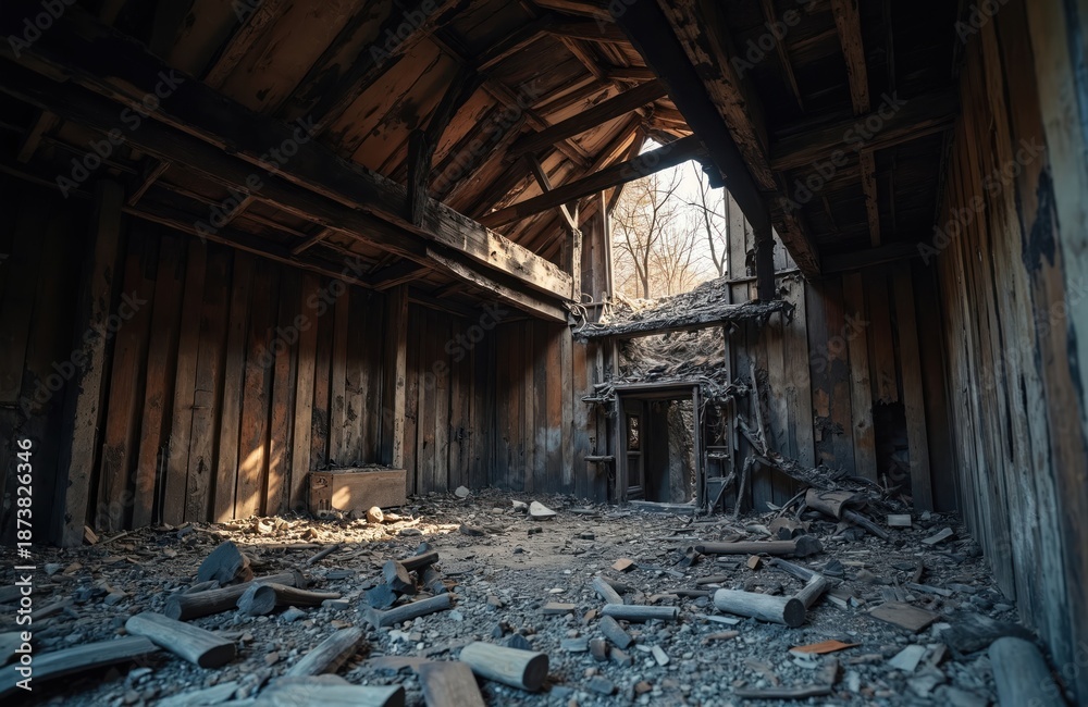 Naklejka premium Interior of derelict wooden building with collapsed roof timbers. Debris litters floor, walls blackened from fire. Dilapidated structure, scene of destruction, aftermath.