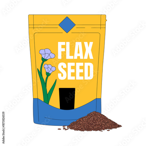 Flax seed package illustration with pile of seeds