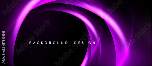 Abstract purple waves form dynamic background. Dark center contrasts bright curves, creating modern design element. Simple text overlay present.