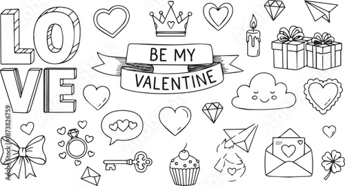 Doodle valentines day illustration of hand drawn valentines day doodles collection for coloring book pages valentine
