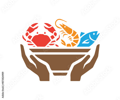 Hands holding bowl with seafood illustration featuring crab, shrimp, and fish vector illustration