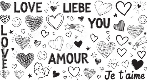 Doodle valentines day illustration of hand drawn doodle hearts and love words in different languages valentine
