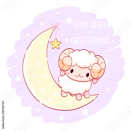 Cute baby lamb on moon. Inscription Good night and sweet dreams. Cartoon little sheep on crescent. Can be used for for childish t-shirt prints, nursery poster, baby shower greeting card. Vector EPS8