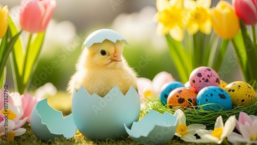 Yellow baby chick hatching from blue egg shell in flower garden with spring tulips and colorful speckled eggs in nest creating beautiful nature scene for easter holidays
