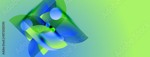 Abstract shapes overlap, creating vibrant blue, green gradients. Smooth curves suggest movement, energy, modern design aesthetic.