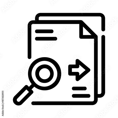 Magnifying file glass highlighting data with an arrow on a document, ideal for indicating research, analysis, investigation, and examination concepts.
