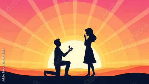 Man Proposing to Woman on One Knee during Sunset Silhouette