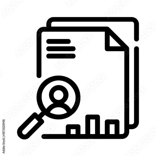 Magnifying analysis glass on document with person icon and bar graph. Suitable for business analytics, personal data analysis, HR research.
