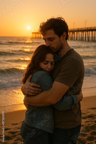 Romantic moment on beach at sunset. Warm atmosphere creates intimacy and connection. Couple enjoys peaceful time together. Vertical photo captures love and emotion.