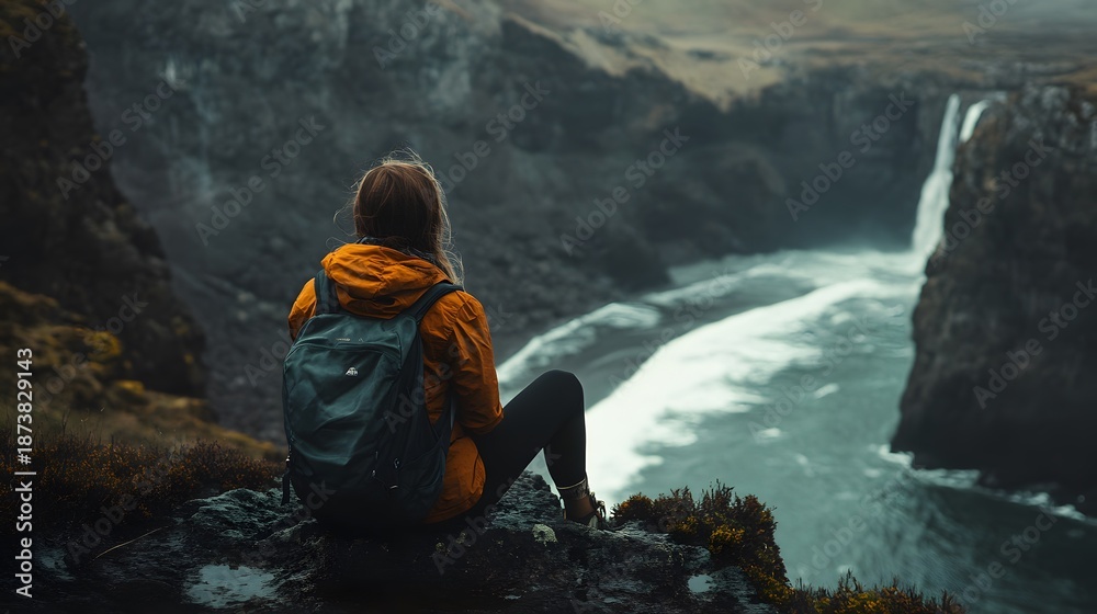 Fototapeta premium A lone hiker sits on a cliff overlooking a waterfall and the ocean.