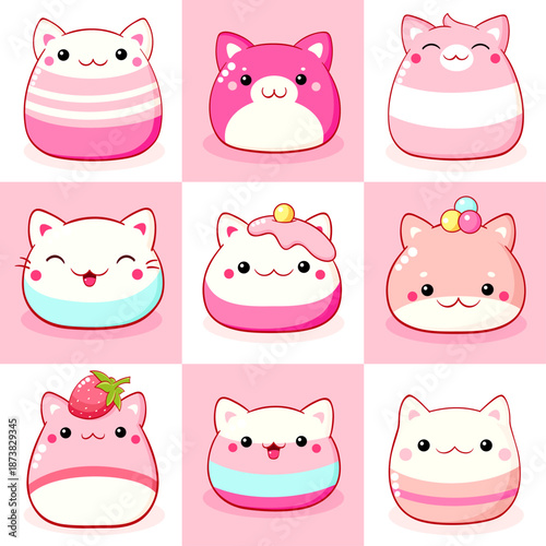 Set of traditional Chinese animal-shaped mantou buns. Collection of cute cat-shaped asian dessert in kawaii style. Can be used for t-shirt print, sticker, greeting card. Vector illustration EPS8