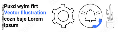 Gear, notification bell with phone icon, and potted plant visualizing settings, alerts, and workspace. Ideal for technology, communication, notifications, office design teamwork automation simple
