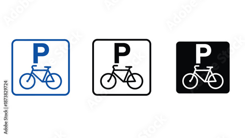Three bicycle parking signs in different colors on a white background