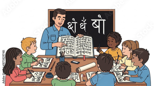 Teacher instructing diverse children in a classroom learning Hindi alphabet from a book education concept