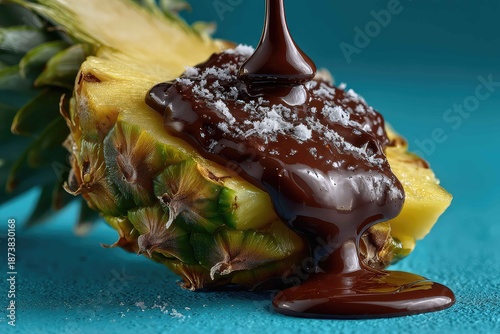 Pineapple chunk dipped in melted chocolate on top