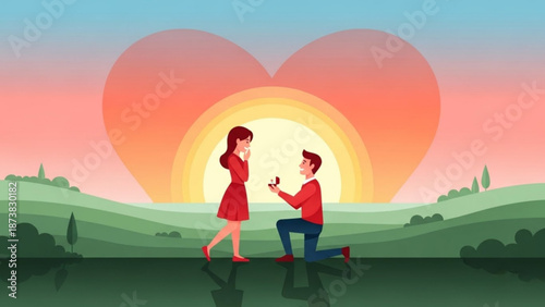Man Proposing to Woman with Ring in Heart-Shaped Sunset Landscape